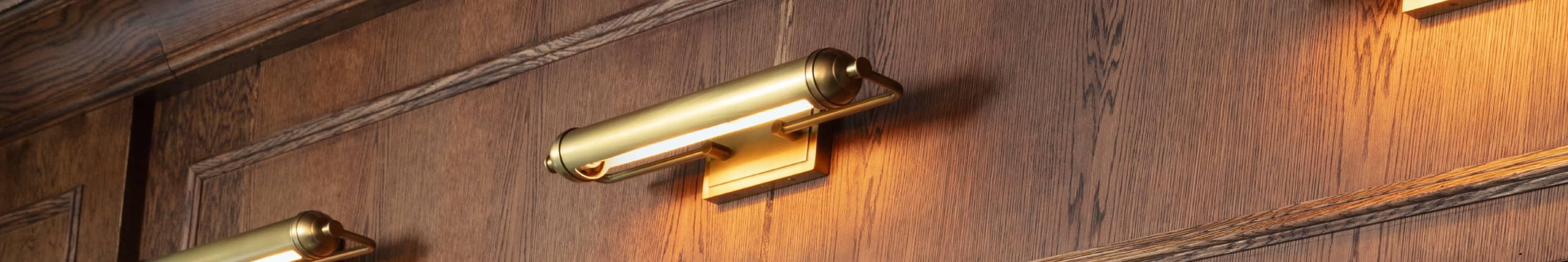 Wooden bookshelf with two brass picture lights